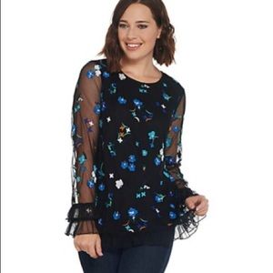 Du Jour - Black Floral Embroidered top blouse-